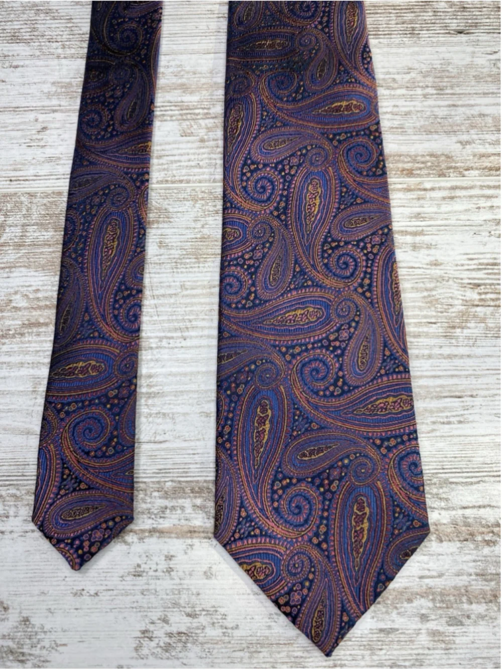Bruno Piatelli Silk Tie Navy Blue Paisley Coral Gold Hand Made 60” x 3.25”